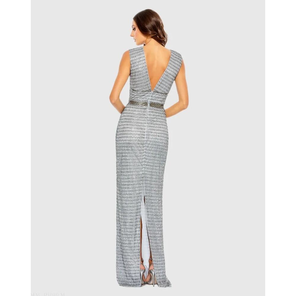Mac Duggall Silver Beaded Cap Sleeve V Neck Column Size 2